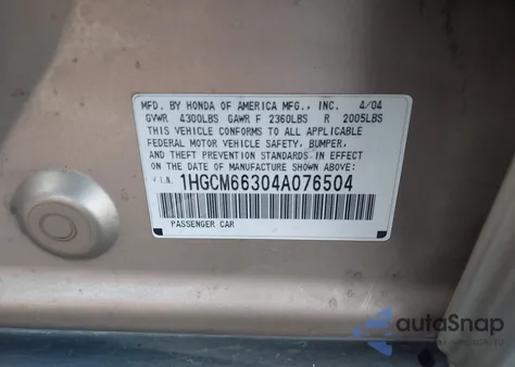 2004 Honda Accord z USA, uszkodzony, nr VIN 1H8EM66304A076504